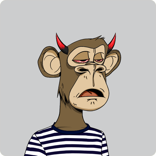 A cartoon illustration of a brown monkey character with red horns, tired-looking eyes, and a striped navy and white shirt.