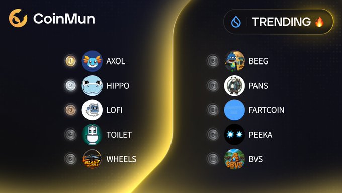 The image shows a computer screen with a list of cryptocurrency trends displayed, including BitcoinMun, Axolotron, Hippo, Lofi, and others. The text "Top 10 Trending" is also visible, indicating that these are the most popular cryptocurrencies at the moment. The post appears to be about the current state of the cryptocurrency market or the popularity of certain coins among users.