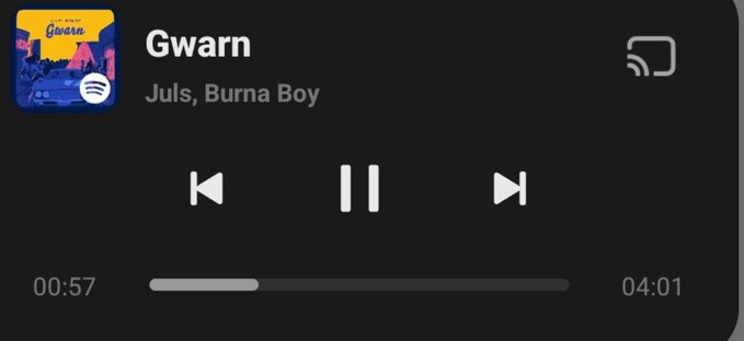 A dark Spotify-style music player displays the track “Gwarn” by “Juls, Burna Boy,” paused at 00:57 of 04:01.