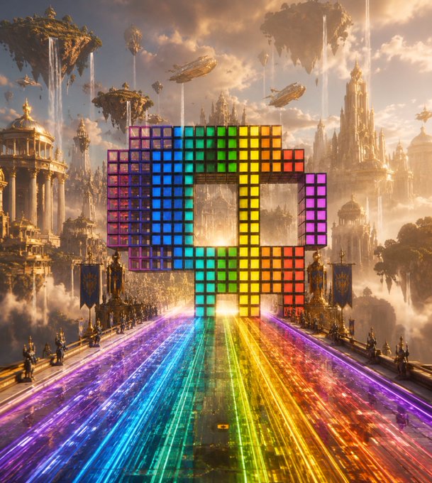 A colossal, blocky "GM" structure rendered in vibrant rainbow pixels commands the entrance to a majestic, floating fantasy city, channeling the spirit of "Valhalla Awaits." Rivers of glowing, multicolored light stream outward like the triumphant rainbow road leading into an Asgardian realm above the clouds.
