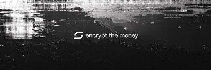 A black and white glitch-art style banner with a logo and the text 'encrypt the money'.