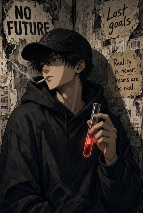 Dark, moody anime-style illustration of a young man in a black cap and hoodie smoking a cigarette and holding a vial of red liquid, with posters reading 'NO FUTURE' and 'Lost goals / Reality is never. Dreams are too real.'