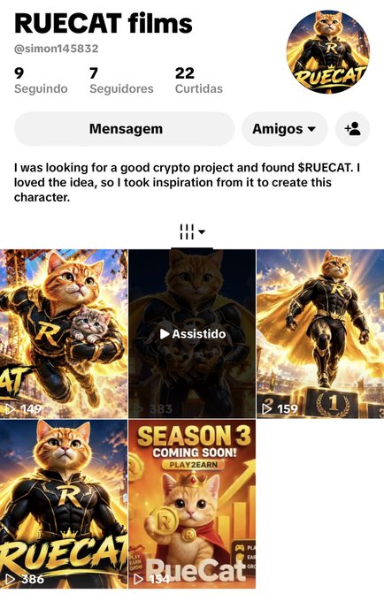 A TikTok-style profile page for 'RUECAT films' (@simon145832) with 9 following, 7 followers, and 22 likes, featuring a bio about finding the $RUECAT crypto project and showcasing AI-generated images of superhero and armored cat characters.