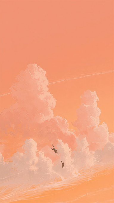 A serene pastel-colored illustration of two silhouetted figures falling or floating among large peach-colored clouds in an orange sky.