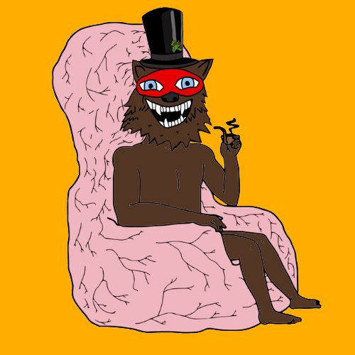 A surreal illustration shows a furry brown creature with a wide toothy grin, wearing a red domino mask and a black top hat, sitting on a pink brain-shaped chair against a yellow background while holding a small smoking object.