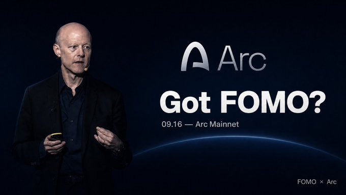The image shows a bald man in a black suit with a headset microphone presenting on stage, alongside promotional text reading "Arc," "Got FOMO?," and "09.16 — Arc Mainnet," with "FOMO × Arc" in the bottom corner. The "Got FOMO?" text directly references Circle CEO Jeremy Allaire's tweet quoted in the accompanying post, highlighting the launch announcement of Arc's mainnet on September 16.