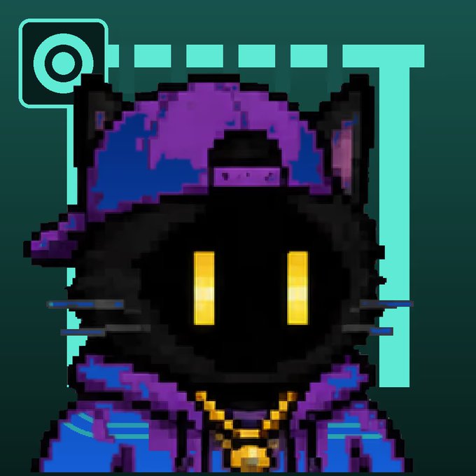 A pixel art image featuring a stylized black cat character with glowing yellow eyes, purple hair, and a gold chain necklace, set against a teal background with decorative geometric elements, representing the "CannaCatMeme" NFT/crypto project mentioned in the post.
