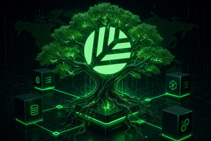 A digital artwork shows a glowing green tree with a central logo emerging from a server-like base, surrounded by connected cube nodes.