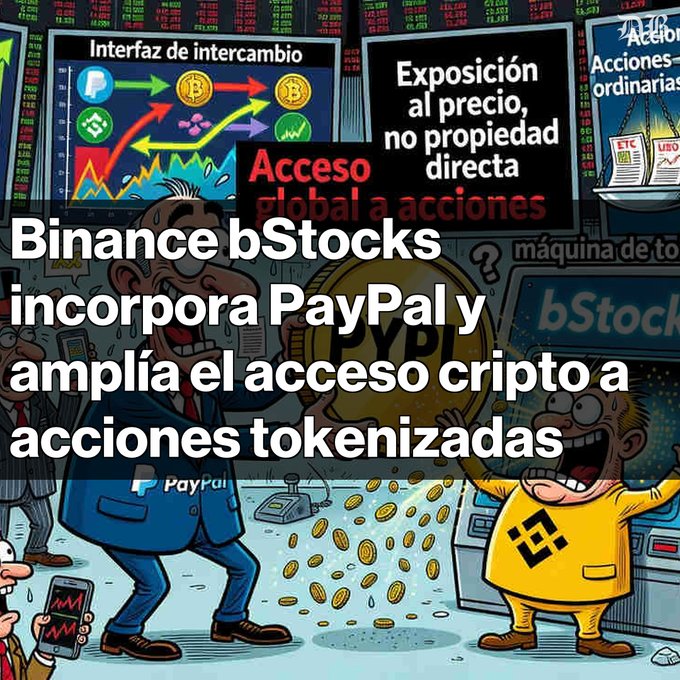 A cartoon illustration with Spanish text 'Binance bStocks incorpora PayPal y amplía el acceso cripto a acciones tokenizadas', depicting characters celebrating next to a PayPal logo and a Binance logo, with a screen showing cryptocurrency exchange rates.