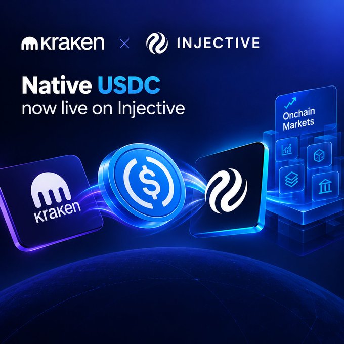 A promotional graphic announcing 'Native USDC now live on Injective' featuring the Kraken and Injective logos, with visual elements of onchain markets and glowing digital currency imagery.