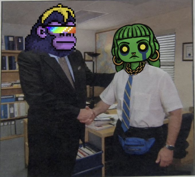 An office photograph where two people in business attire shake hands, their faces replaced with cartoon crypto/NFT art—a purple gorilla with pixel sunglasses and a green-skinned female character with gold chains and hoop earrings.