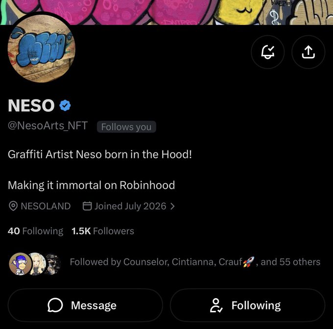 A Twitter/X profile page for NESO (@NesoArts_NFT), a verified graffiti artist account with 1.5K followers, featuring the bio "Graffiti Artist Neso born in the Hood! Making it immortal on Robinhood" and a "Follows you" indicator. The profile aligns with the post's promotion of an early-find NFT collection by Ukrainian graffiti artist Neso, highlighting the account's significant following and established presence ahead of the TBA mint details.