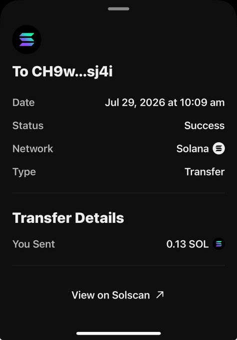 A mobile screenshot of a successful Solana transfer confirmation showing "0.13 SOL" sent on Jul 29, 2026, to address CH9w...sj4i, with a "View on Solscan" link — appearing to serve as proof of an airdropped crypto payment sent to the tagged winners.
