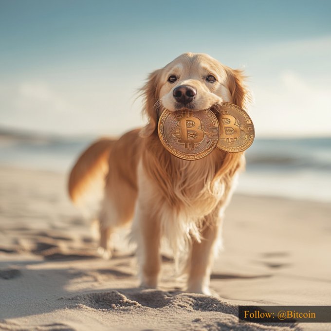 A golden retriever stands on a sandy beach holding two Bitcoin coins in its mouth, with the text 'Follow: @Bitcoin' in the corner.
