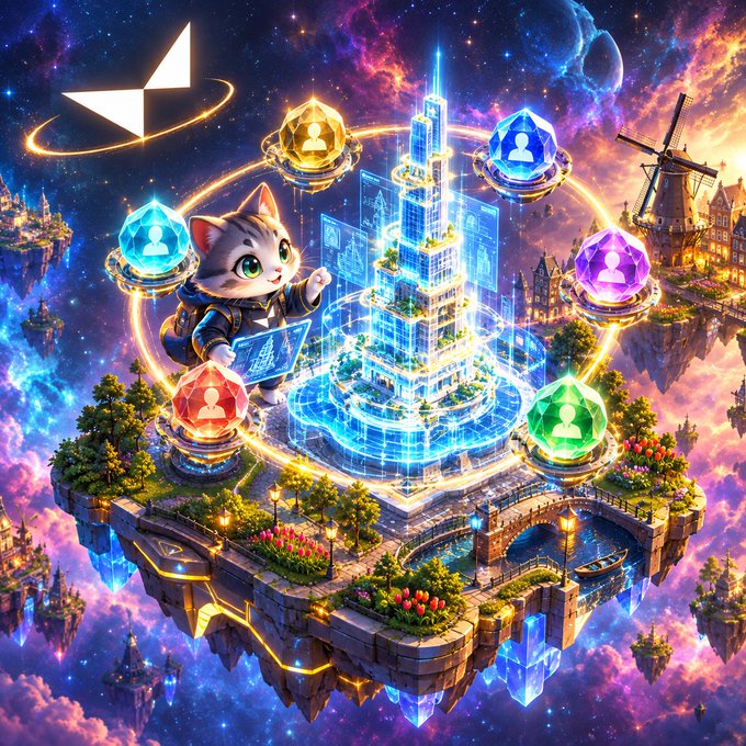 A vibrant digital fantasy artwork featuring an astronaut cat, floating islands, a glowing blue crystalline tower, user profile icons, and a kite-like logo against a cosmic galaxy background.