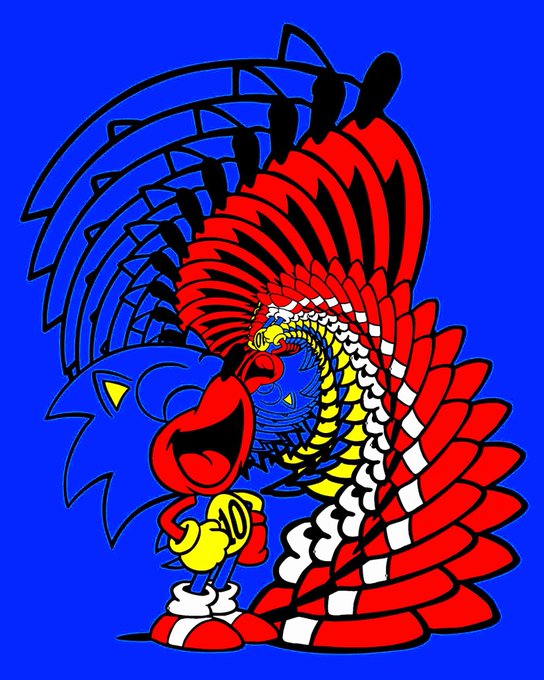 A vibrant illustration features the character Ugandan Knuckles with a red body, large eyes, and a swirling, patterned tail against a bright blue background.