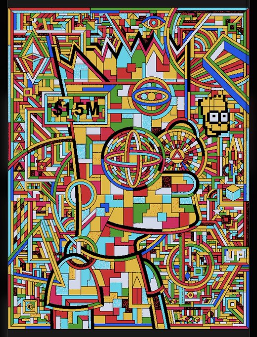 A vibrant, abstract geometric artwork filled with colorful shapes, eyes, and patterns, featuring the text '$1.5M' and an 'UP' arrow.