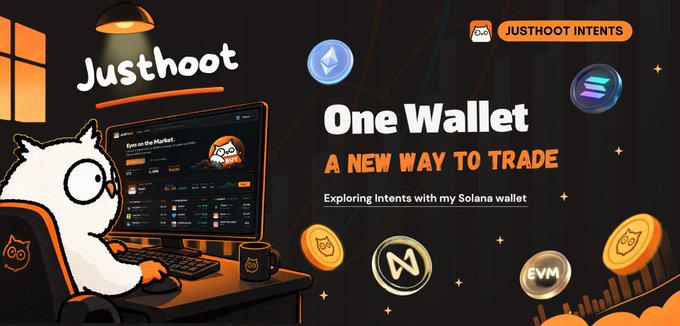 A promotional banner for 'Justhoot' features a cat wearing glasses at a computer desk, advertising 'One Wallet' as 'A NEW WAY TO TRADE' and 'JUSTHOOT INTENTS', alongside cryptocurrency coins including EVM.