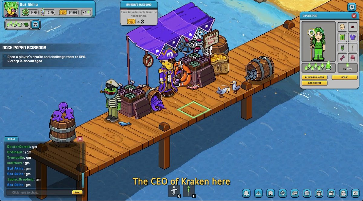 A screenshot of the online game Dunder Mifflin featuring a character named 'Sat Akira' on a dock with a 'Kraken' stand, a chat box, and the caption 'The CEO of Kraken here' displayed at the bottom.