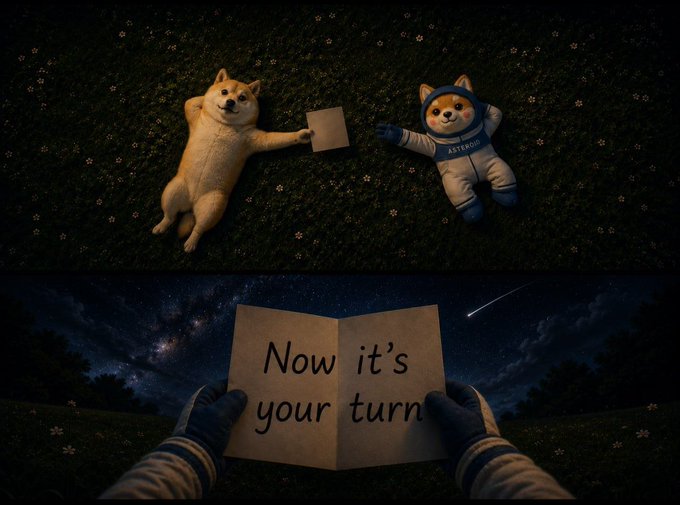 The image features a dog lying down with its head resting on a book, while another dog stands next to it holding an open book. A person's hand can also be seen near the bottom of the image. The background includes a field filled with flowers and trees under a dark sky. The post in the image reads: "Now it's your turn."