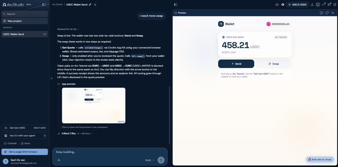 A screenshot of an Arc Studio application interface showing a wallet preview with a USDC balance of 458.21 USDC.