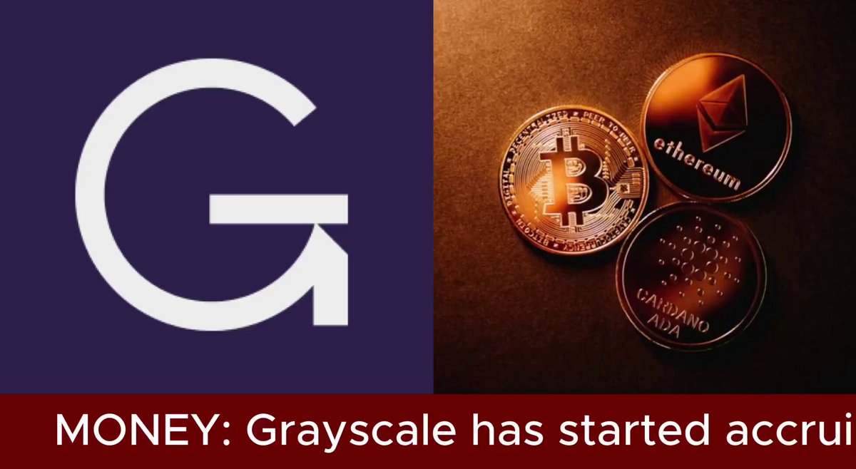 The image features a purple logo with a white "G" and an arrow pointing down, accompanied by text that reads "MONEY: GRayscale has started accumulating $ETH and $BTC According to data shared by @ Arkham, crypto asset manager @Grayscale holds..." The main focus of the post is on the grayscale illustration of Bitcoin coins next to it.