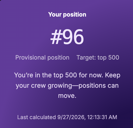 A purple screen displays 'Your position #96', noting 'Provisional position' and a 'Target: top 500', with a timestamp of 9/27/2026.