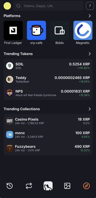 A screenshot of the Joey Wallet mobile app displays trending tokens on the XRPL (XRP Ledger) network, including SOIL (+791.82%), TeddyBear (+18.59%), and Nai-Patella Syndrome (NPS) at 0.00001831 XRP, along with trending NFT collections like Casino Pixels (18 XRP), monx (100 XRP), and Fuzzybears (490 XRP), supporting the post's claim about the health of the XRPL ecosystem.