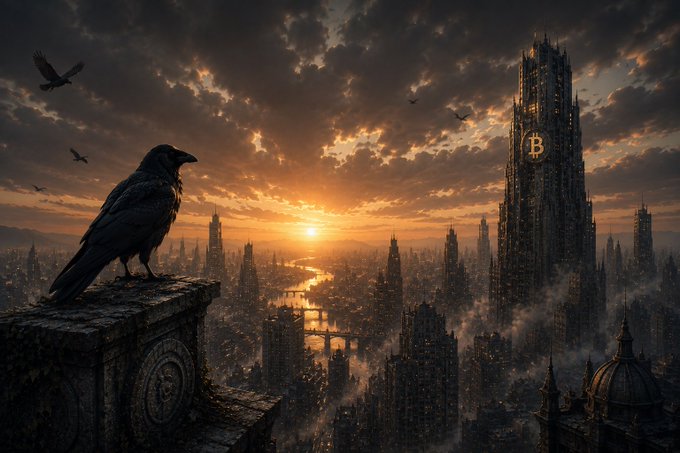 A dark fantasy digital artwork depicting a black raven perched on a stone ledge overlooking a gothic cityscape at sunset, with a prominent tower displaying the Bitcoin '₿' symbol among flying birds and dramatic clouds.