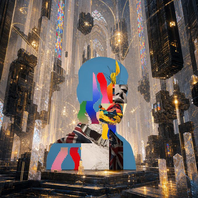 A surreal digital art collage featuring a human silhouette filled with vibrant pop-art colors and abstract elements, set against a majestic, crystalline cathedral interior with floating dark structures.