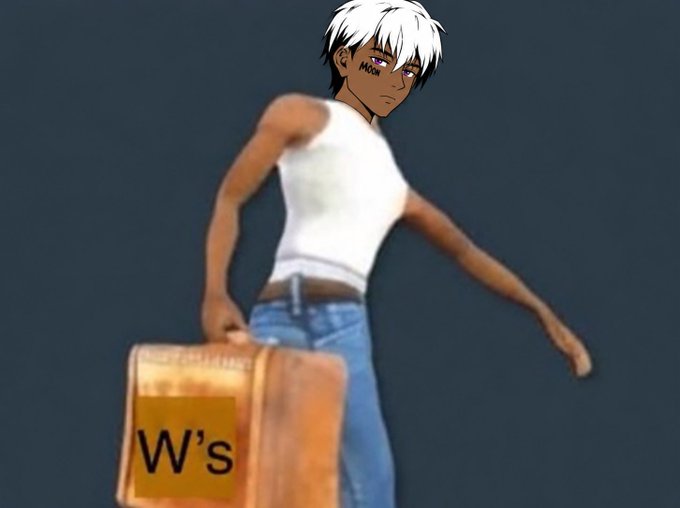 A stylized 3D animation render of a dark-skinned male character with white hair holding a cardboard box labeled 'W's', wearing a white shirt and blue jeans.