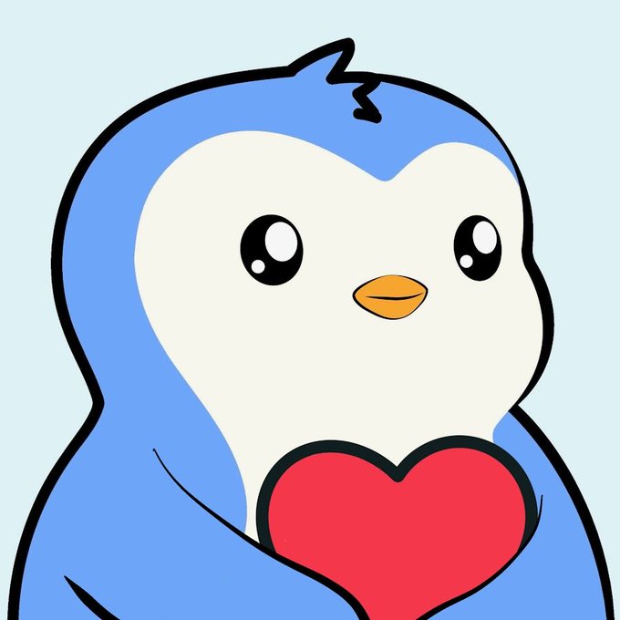 A cute cartoon penguin with big eyes hugs a red heart against a light blue background, matching the post's theme of supporting the $PENGU token giveaway.