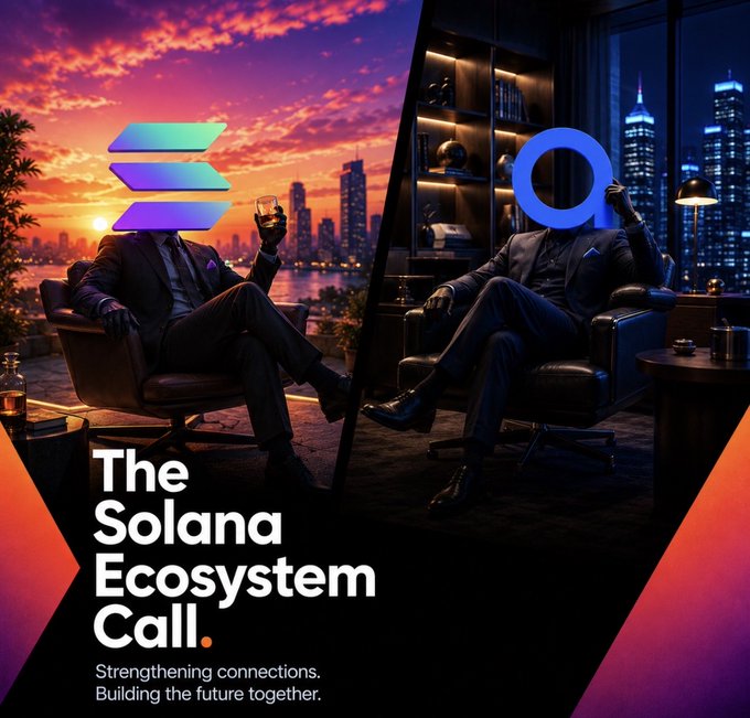 A promotional graphic for "The Solana Ecosystem Call" featuring two suited figures (one with the Solana logo, one with the Access Protocol logo) seated in armchairs against split cityscape backgrounds—one at sunset, one at night—with the tagline "Strengthening connections. Building the future together."