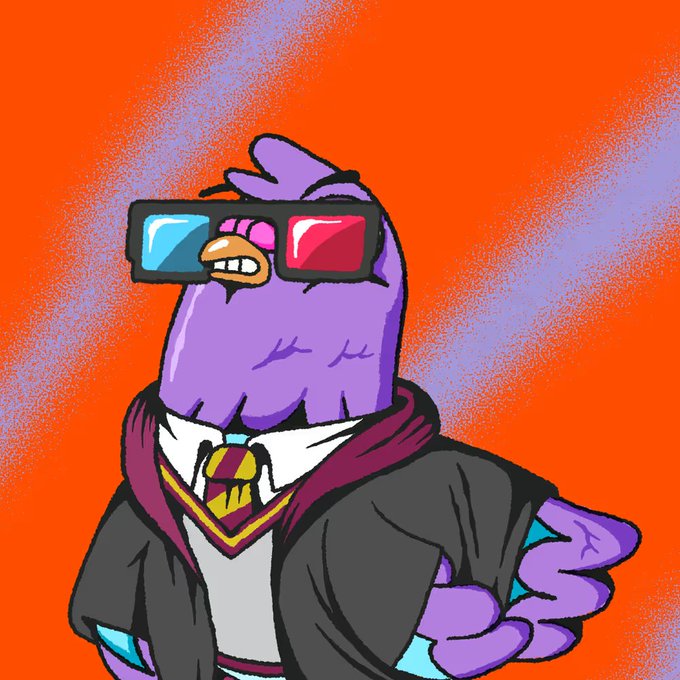 A cartoon illustration of a purple bird wearing a black wizard's robe with a red and yellow tie, black and red 3D glasses, set against an orange background.
