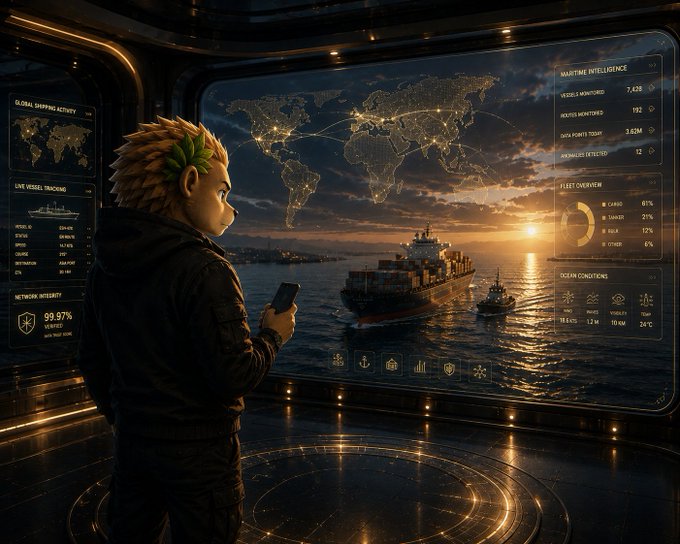 A stylized illustration of a person with spiky orange hair standing in a futuristic control room, holding a phone and looking at large digital displays showing a world map, maritime shipping data, and a sunset view of cargo ships on the ocean.