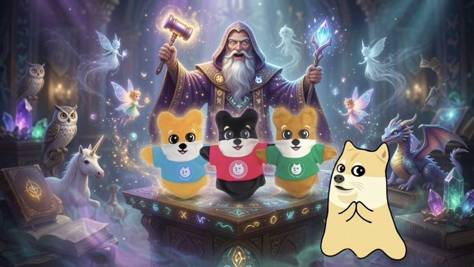 The image shows three plush puppets (Doge, Shiba, and another Shiba) and a cartoon Doge figure in a magical wizard setting alongside the Kabosumama figure, promoting a special auction event for pet shelter donations with $SHIBU token on Solana.