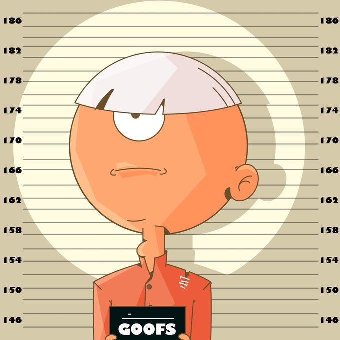 The image features a cartoon depiction of a person wearing an orange shirt with the word "Goofs" written on their chest. The individual appears to be holding a book, possibly a Bible or a guide for the delusional ones chaos. The background consists of a series of bars and lines, which could represent a lineup or a security measure in place at a crime scene. The image also includes text that reads "meet @The_G00fs built for the delusional ones chaos, cope, and pure conviction built for true degens 2222 supply ETH stay infected".