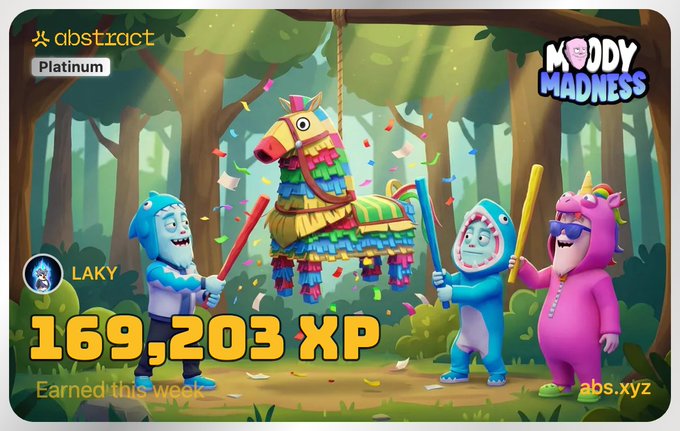 A colorful, cartoon-style promotional graphic for a game or platform called 'Moody Madness' by 'abstract' (Platinum tier). It features characters in animal costumes standing around a piñata, with text displaying 'LAKY', '169,203 XP', and 'Earned this week'.