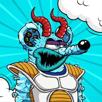 A cartoon-style illustration of a dragon-like creature with red horns, blue scales, and a white armor vest.
