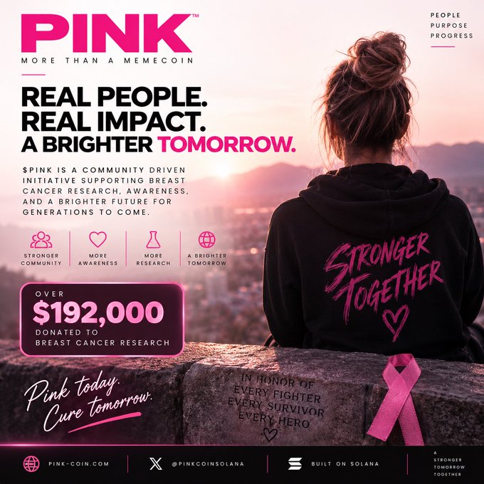 An advertisement for 'PINK' cryptocurrency, branded as 'MORE THAN A MEMECOIN,' featuring a woman in a 'STRONGER TOGETHER' hoodie overlooking a sunset. Key text includes 'REAL PEOPLE. REAL IMPACT. A BRIGHTER TOMORROW.' and 'OVER $192,000 DONATED TO BREAST CANCER RESEARCH.'