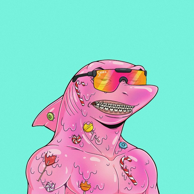 A pink cartoon shark with grills, sunglasses labeled 'SHARK', and candy tattoos on a teal background.