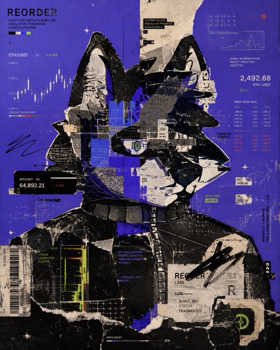 A surreal, cyberpunk-style illustration of a humanoid animal or robotic figure in a vivid blue collage filled with financial charts, technical labels, and interface text such as "REORDER," "ETHUSDT," and "2,492.68."