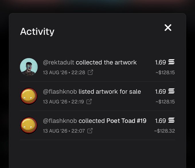 An Activity panel showing NFT transactions from August 13, 2026, including @rektadult collecting artwork for ~$128.15, @flashknob listing artwork for sale at ~$128.15, and @flashknob collecting Poet Toad #19 for ~$128.32, all priced at 1.69 SOL.