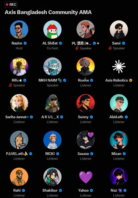 A Discord-style 'Axis Bangladesh Community AMA' voice channel screenshot showing participants including Nazim (Host), AL Shifat (Co-host), various Speakers like PL潔亮, Sami, Rifu, MKH NAIM, and many Listeners.