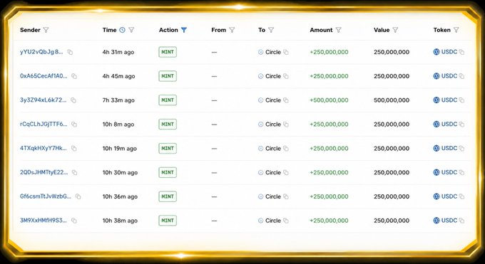 A glowing yellow interface displays a transaction history list with columns for Sender, Time, Action, From, To, Amount, Value, and Token, showing several recent 'MINT' actions of 250,000,000 USDC.
