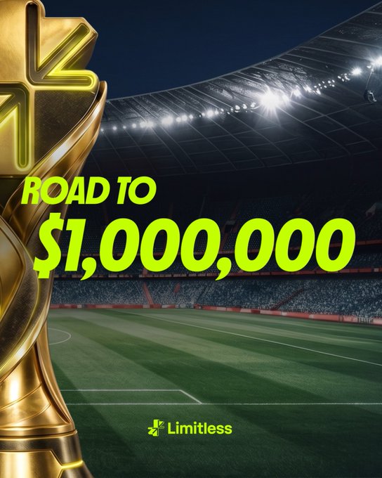 Promotional graphic featuring a gold trophy in a soccer stadium with text 'ROAD TO $1,000,000' and the 'Limitless' logo at the bottom.
