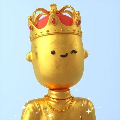 A cute 3D-rendered golden figure with a smiling face wearing a jeweled crown against a blue background.