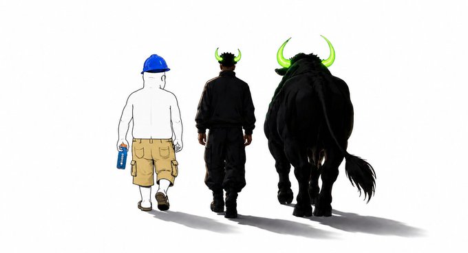 Three figures walk away from the viewer: a man in a blue hard hat and tan shorts holding a bottle, a man in black with green bull horns, and a large black bull with glowing green horns, humorously representing the bullish $BASEUNC crypto endorsement.