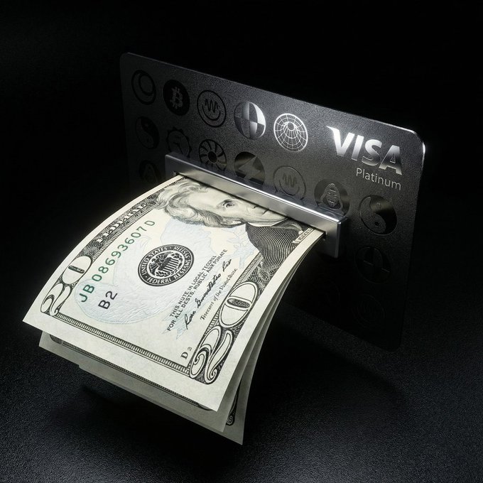 The image features a stack of US dollar bills being inserted into a Visa payment terminal or reader. The bills are neatly aligned at the top of the machine, ready for use as payment. The image also includes text that reads "Blessed morning What makes @dropee_app interesting right now is how many important pieces are aligning at the same time", which could be interpreted as a reference to the current state or popularity of the Bitcoin and Ethereum cryptocurrency markets. Additionally, there's a post on the image discussing the evolution of these digital assets in terms of distribution layers and fees.