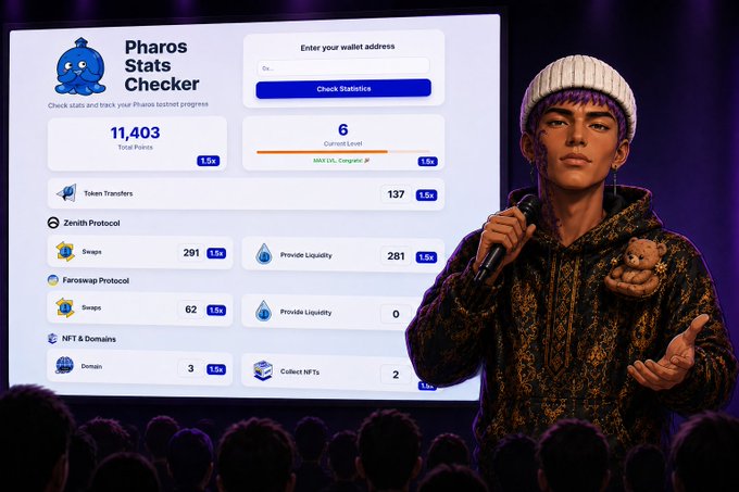 A speaker on stage presents the Pharos Stats Checker dashboard, displaying 11,403 total points, 6 completed quests (660 LVL Congrats!), and token transfer, Zenith Protocol, Faroswap Protocol, and NFT & Domains activities—all illustrating the active ecosystem progress highlighted in the post about Pharos Network building next-generation RealFi infrastructure.